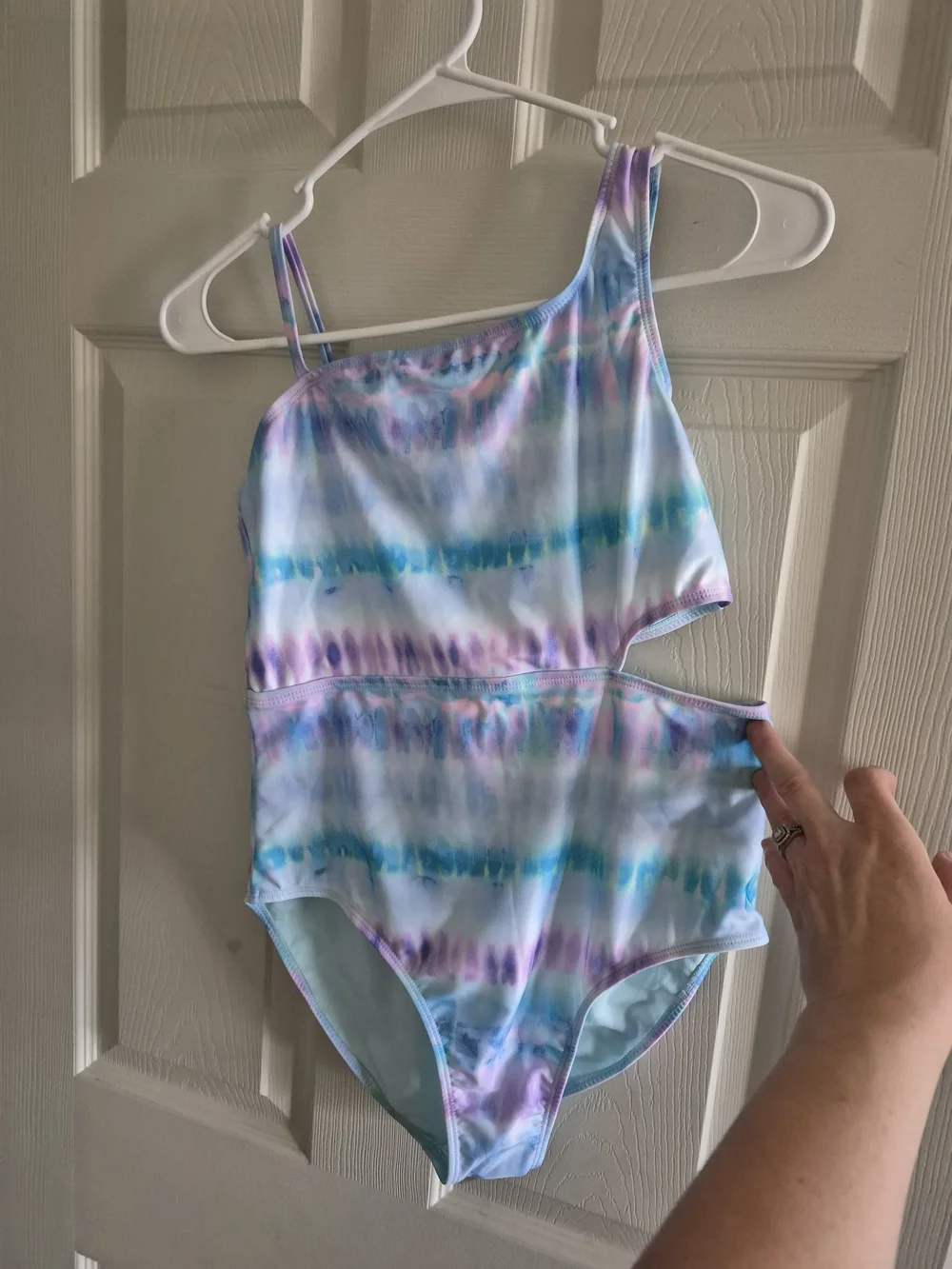 wonder nation Girls One-Shoulder Tie-Dye Swimsuit in Blue, Purple & Pink